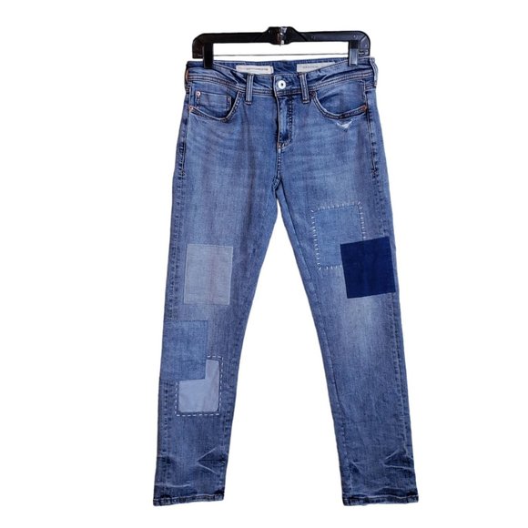 Pilcro & The Letterpress Slim Boyfriend Womens Jeans 26 Blue Patched Medium Rise - Picture 2 of 16